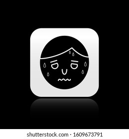 Black, Man with excessive sweating icon isolated on black background. Silver square button. Vector Illustration