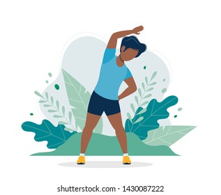 Black man exercising in the park. Illustration in flat style, concept vector illustration for healthy lifestyle, sport, exercising.