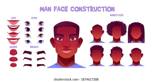 Black man face construction, avatar creation with different head parts isolated on white background. Vector cartoon set of male character eyes, noses, brows and lips. Skin pack for face generator