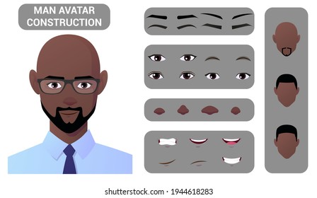 Black Man Face Construction And Character Creation Pack With Hair, Eyes, Lips, And Head Parts For Avatar Creation Premium Vector Isolated On White Background.