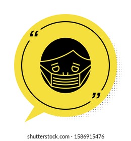 Black Man face in a medical protective mask icon isolated on white background. Quarantine. Yellow speech bubble symbol. Vector Illustration