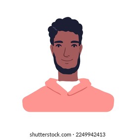 Black man, face portrait. Modern young African-American person. Bearded handsome guy, friendly kind male character smiling. Flat graphic vector illustration isolated on white background
