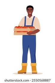 Black man farmer holding box of tomatoes in hands. Farming work, gardening. Agricultural worker, Gardener, agronomist.