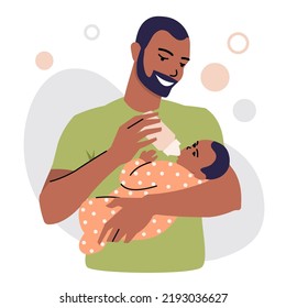 Black man feeds a newborn baby with milk from a bottle. Portrait of a bearded father with a baby in his arms. Concept of parental leave and child care. Flat style. Vector isolated on white background.