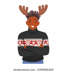 Black Man In A Festive Christmas Ugly Sweater Dons A Headband With Deer Antlers. Young Male Character Exuding Holiday Cheer And A Touch Of Whimsical Charm. Cartoon People Vector Illustration