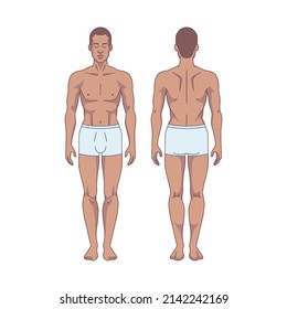 Black Man Figure Standing, Silhouette, Front And Back View. Male Body Anatomy Diagram. Removable Underwear. Vector Illustration