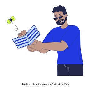 Hombre negro con problemas financieros línea ilustración plana de dibujos animados. Hombre negro estresado sosteniendo la cartera vacía 2D lineart personaje aislado sobre fondo blanco. Escena de desempleo Vector color Imagen
