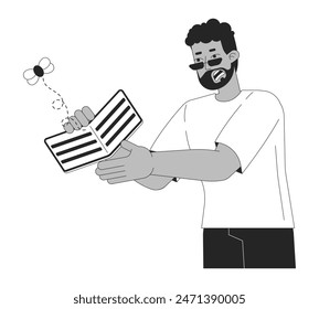 Black man with financial problems black and white cartoon flat illustration. Stressed black male holding empty wallet 2D lineart character isolated. Unemployment monochrome scene vector outline image