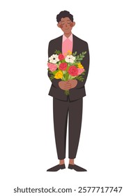 Black man with flowers. Black man in black suit holds bouquet of flowers. Flat vector character