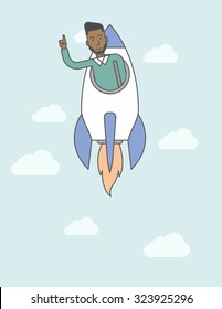 A black man flying in the rocket raising his hand in the air. Start up business concept. Vector line design illustration. Vertical layout with a text space.