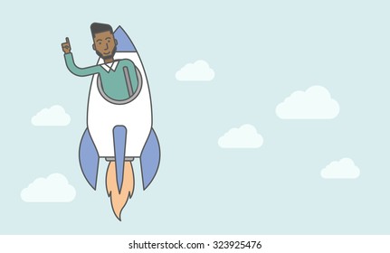 Un hombre negro volando en el cohete levantando la mano en el aire. Iniciar el concepto de negocio. Ilustración de diseño de línea de vector. Diseño horizontal con un espacio de texto.