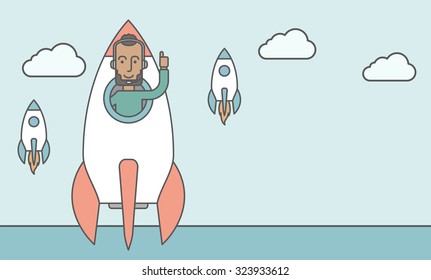 A black man flying in the rocket raising his hand in the air. Start up business concept. Vector line design illustration. Horizontal layout with a text space.