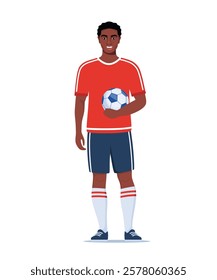 Black man football or soccer player standing with ball in his hand. Guy wearing sports outfit, boots and stockings.