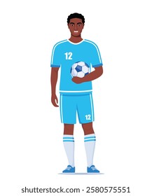 Black man football or soccer player standing with ball in his hand. Guy wearing sports outfit, boots and stockings.