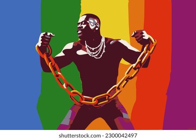 El hombre negro se libera de las cadenas. Para el 11 de junio, Día de la Libertad, el Recuerdo del Comercio de Esclavos y su Abolición, el mes de la historia negra o keti koti. Vector de colores africanos, amarillo, verde y rojo.