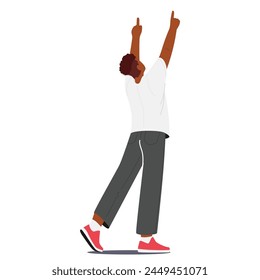 Black Man Gazes Upward, Both Hands Raised, He Points Skyward, His Fingers Directing Attention To The Unseen Above. Fascinated African Male Character Rear View. Cartoon People Vector Illustration