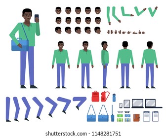 Black man in green shirt creation kit. Create your own action, pose, animation. Various design elements, gestures, avatars. Flat design vector illustration