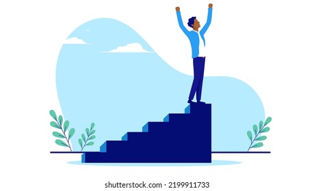 Black man having career and business success - Casual ethnic businessman in triumph on top of staircase with hands raised, winning and cheering. Flat design vector illustration with white background