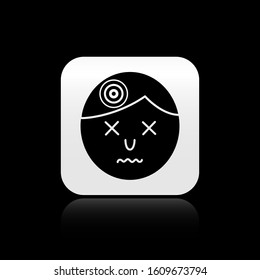 Black Man having headache, migraine icon isolated on black background. Silver square button. Vector Illustration