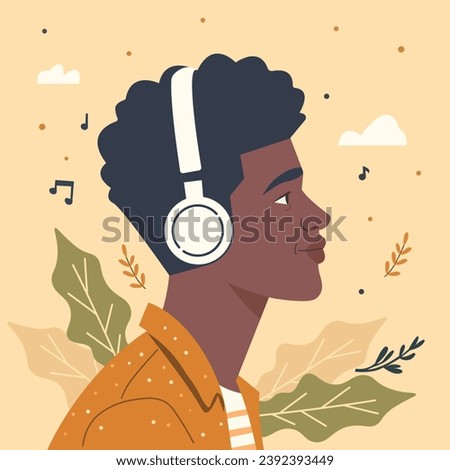 Black man with headphones. Guy profile Avatar. African man listen to music on headphones. Vector illustration.