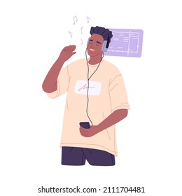 Black man in headphones listening to music and singing along. Guy in earphones with mobile phone, enjoying audio. Happy person with smartphone. Flat vector illustration isolated on white background