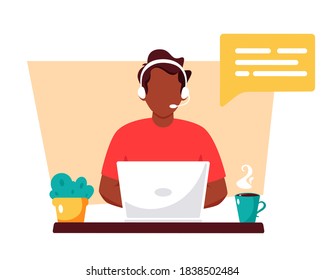 Black man with headphones working on computer. Customer service, assistant, support, call center concept. Vector illustration.