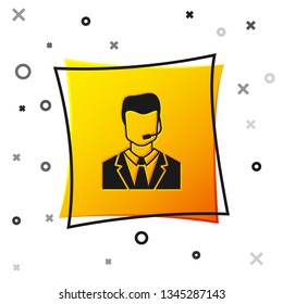 Black Man with a headset icon isolated on white background. Support operator in touch. Concept for call center, client support service. Yellow square button. Vector Illustration