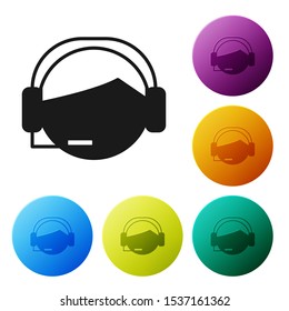 Black Man with a headset icon isolated on white background. Support operator in touch. Concept for call center, client support service. Set icons colorful circle buttons. Vector Illustration