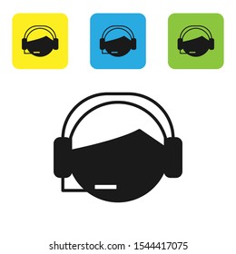 Black Man with a headset icon isolated on white background. Support operator in touch. Concept for call center, client support service. Set of colorful square icon buttons. Vector Illustration
