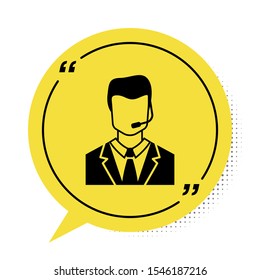 Black Man with a headset icon isolated on white background. Support operator in touch. Concept for call center, client support service. Yellow speech bubble symbol. Vector Illustration