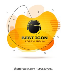 Black Man with a headset icon isolated on white background. Support operator in touch. Concept for call center, client support service. Abstract banner with liquid shapes. Vector Illustration