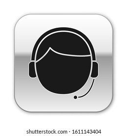 Black Man with a headset icon isolated on white background. Support operator in touch. Concept for call center, client support service. Silver square button. Vector Illustration