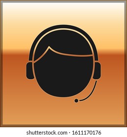 Black Man with a headset icon isolated on gold background. Support operator in touch. Concept for call center, client support service.  Vector Illustration