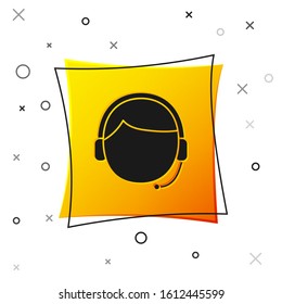 Black Man with a headset icon isolated on white background. Support operator in touch. Concept for call center, client support service. Yellow square button. Vector Illustration