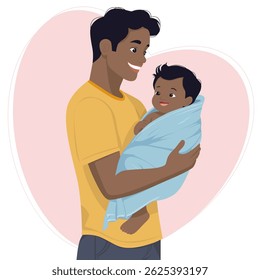 Black Man holding baby. Young father. Happy Father s Day. Vector illustration in cartoon style.