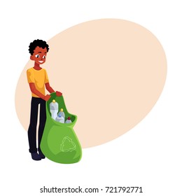 Black man holding bag of plastic bottles, garbage recycling, cartoon vector illustration with space for text. Black, African American man with bag of plastic bottles, garbage collection