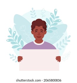 Black man holding empty banner. Smiling man with empty placard. Vector illustration
