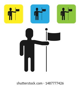 Black Man holding flag icon isolated on white background. Set icons colorful square buttons. Vector Illustration