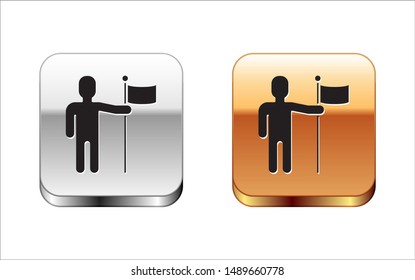 Black Man holding flag icon isolated on white background. Silver-gold square button. Vector Illustration