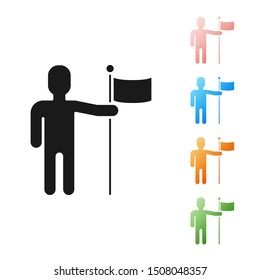 Black Man holding flag icon isolated on white background. Set icons colorful. Vector Illustration