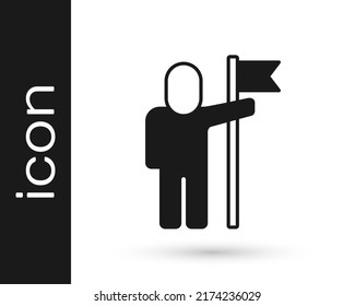 Black Man holding flag icon isolated on white background. Victory, winning and conquer adversity concept.  Vector