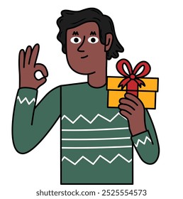 Homem negro segurando um presente em sua mão e gestando que tudo está bem