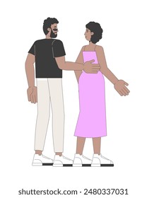 Black man holding hand on wife back 2D linear cartoon characters. African american heterosexual couple isolated line vector people white background. Walk together color flat spot illustration