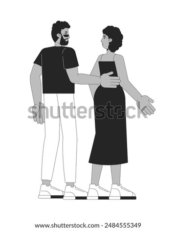 Black man holding hand on wife back black and white 2D line cartoon characters. African american heterosexual couple isolated vector outline people. Walk together monochromatic flat spot illustration