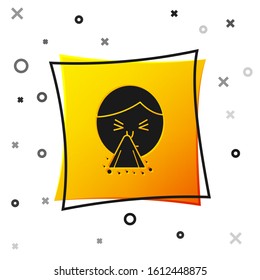 Black Man holding handkerchief or napkin to his runny nose icon isolated on white background. Coryza desease symptoms. Yellow square button. Vector Illustration