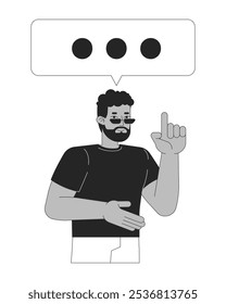 Hombre negro que sostiene el dedo índice hacia arriba con el carácter blanco y negro de la línea 2D de la caja de charla. Hombre afroamericano gafas de sol diálogo globo aislado Vector esbozo persona. Ilustración de punto monocromático