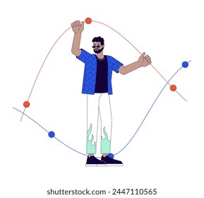 Black man holding line chart 2D linear cartoon character. African american guy in sunglasses isolated line vector person white background. Analyst trader male casual color flat spot illustration