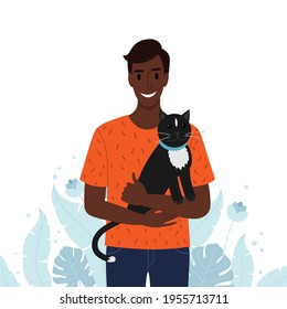 Black man holding pet cat conceptual illustration in flat style. Vector file.
