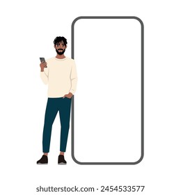 Black man holding phone stands next to a huge smartphone with a blank screen. Flat vector illustration isolated on white background