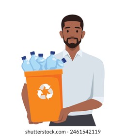 Hombre negro sosteniendo reciclables. Concepto de cartel publicitario de servicio público. Ilustración vectorial plana aislada sobre fondo blanco